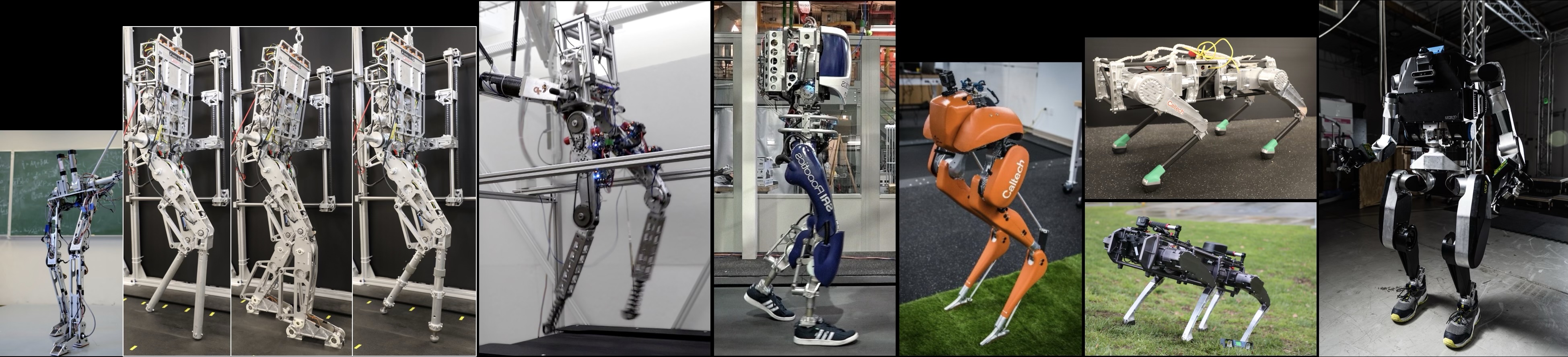 Collection of bipedal and quadrupedal robots including AMBER, DURUS, and various research platforms